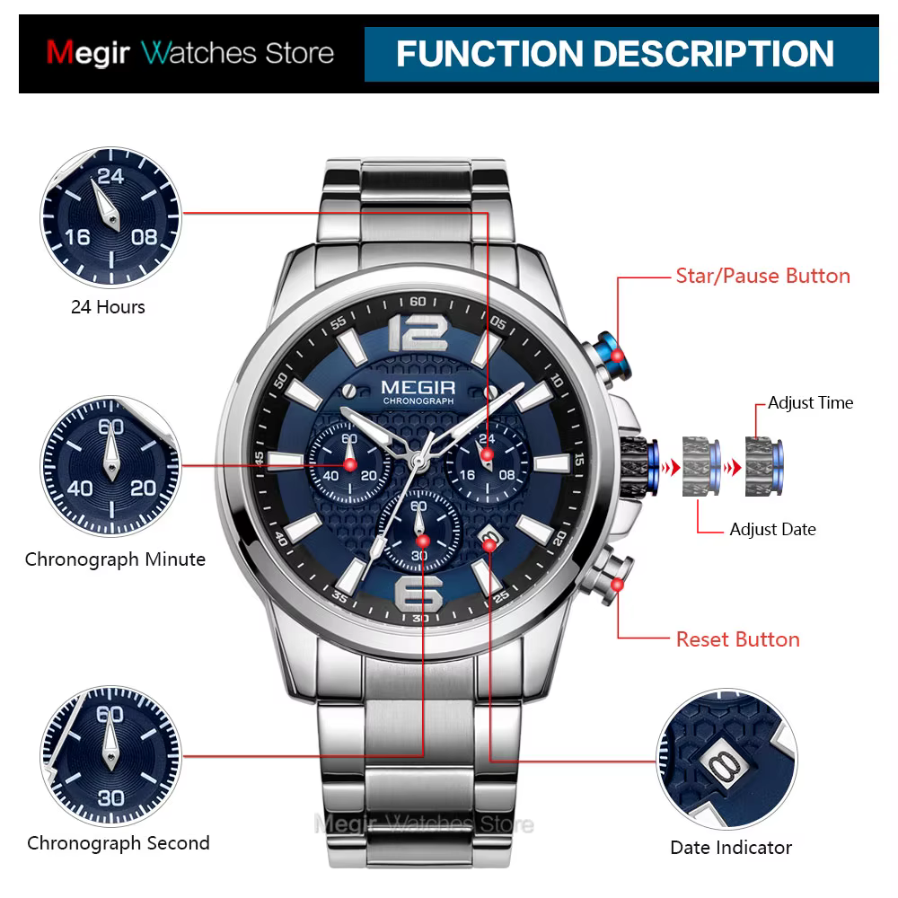 MEGIR 2020 montres de luxe hommes Top marque en acier inoxydable étanche montre-bracelet lumineuse bleu sport chronographe montre à Quartz homme