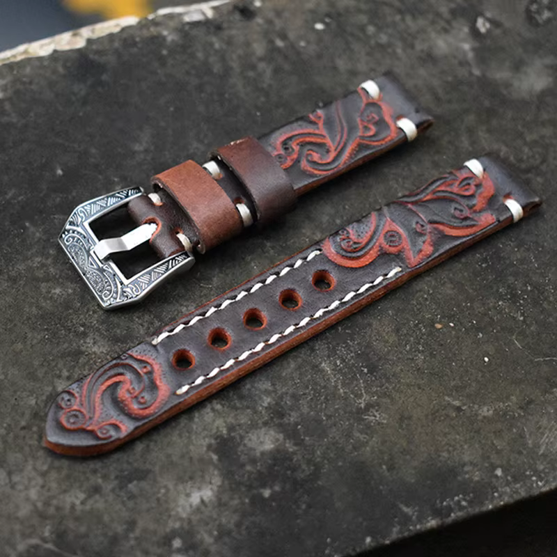 Bracelet de montre Vintage en cuir sculpté en relief