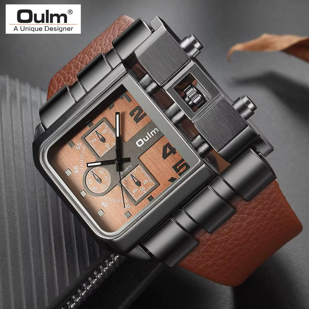 Oulm – montre à grand cadran carré en cuir PU pour homme