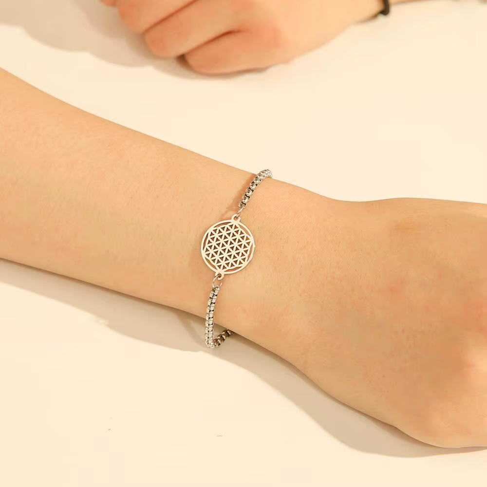 Bracelet à breloques Mandala fleur de vie, boîte en acier inoxydable, chaîne, amulette, géométrie sacrée, bijoux cadeaux pour femmes et hommes