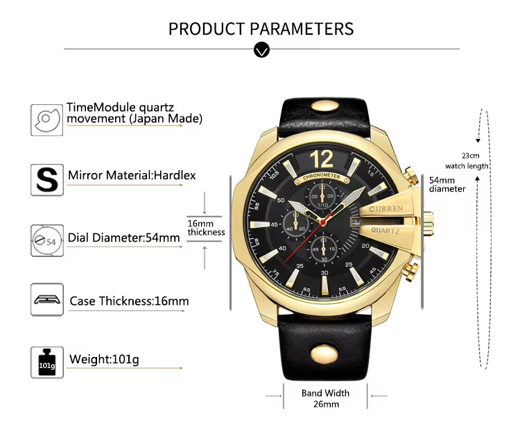 Montres pour hommes Top marque de luxe en cuir doré montre à Quartz