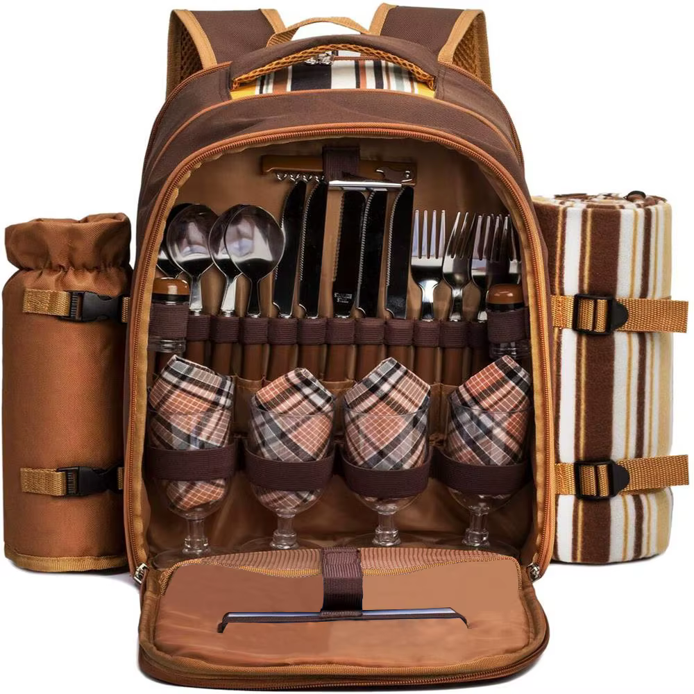 Ensemble de sacs de vaisselle de pique-nique, isolation thermique portable extérieure, stockage à froid, camping pour 4 personnes, sac à dos de pique-nique à double épaule