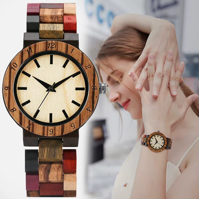 Montre-bracelet analogique à quartz en bois pour femme