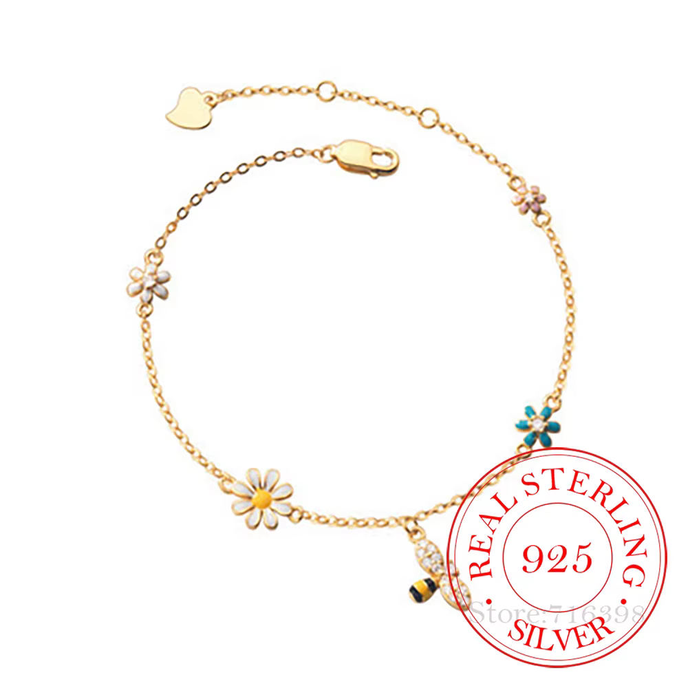 Bracelet à breloques marguerite abeille en argent Sterling 925 pour femmes et filles, Bijoux tendance de fête de mariage, accessoires de Bijoux de luxe