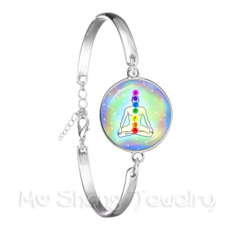 Bracelet Mandala en verre, Cabochon, géométrie sacrée, Yoga Om, chaîne plaquée argent pour femmes, 2018