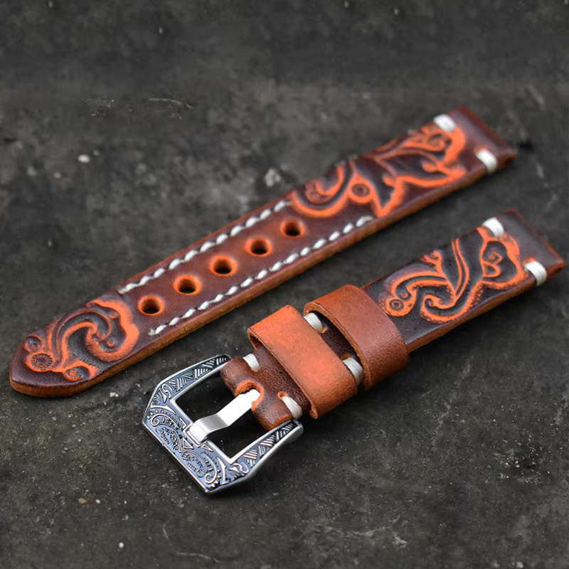 Bracelet de montre Vintage en cuir sculpté en relief