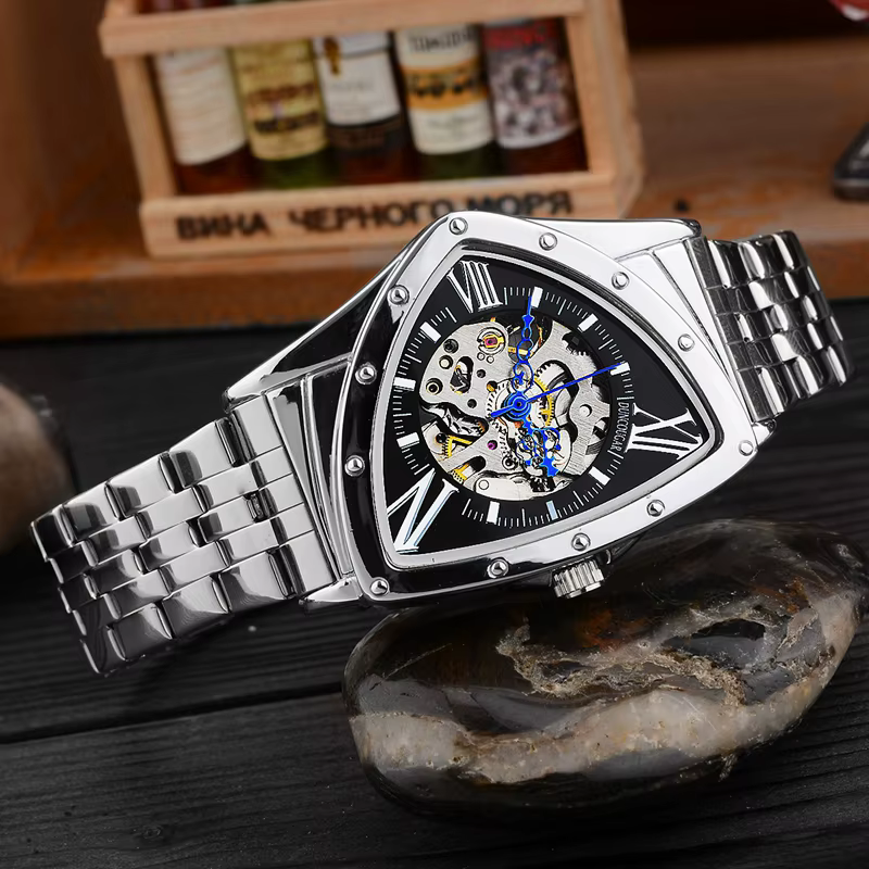Hommes montre creux triangulaire mécanique montres en acier inoxydable hommes montres marque de mode hommes horloge mâle livraison directe!! !