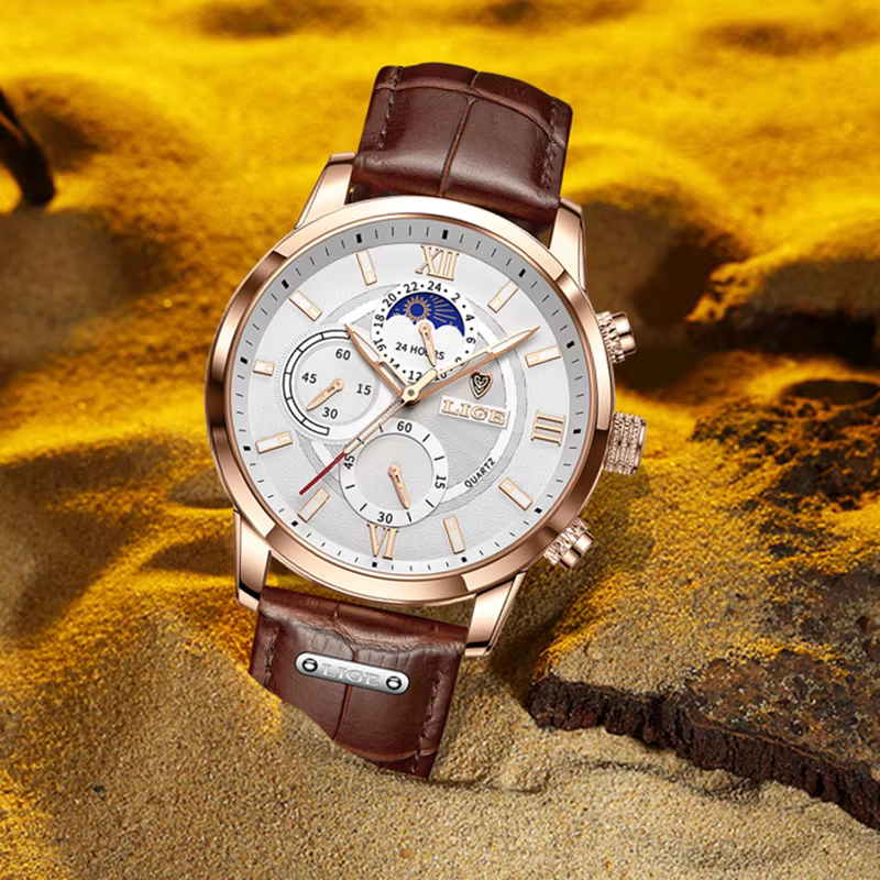 2025 LIGE montres hommes Top marque horloge de luxe décontracté en cuir 24 heures Phase de lune