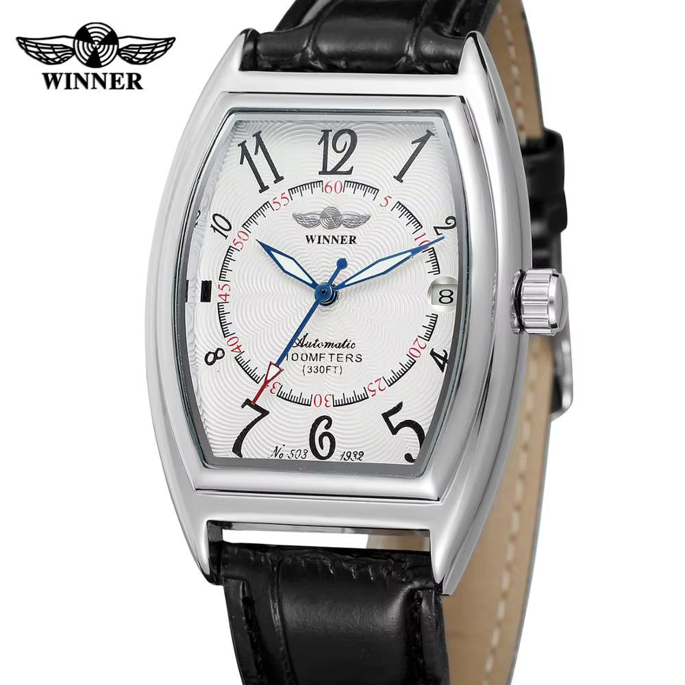 T-WINNER mode simple décontracté montre pour hommes rectangulaire cadran blanc boîtier en argent noir bracelet en cuir