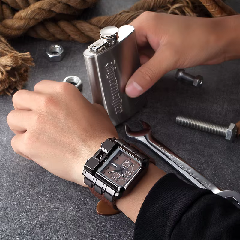 Oulm – montre à grand cadran carré en cuir PU pour homme