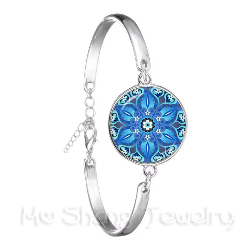 Bracelet Mandala en verre, Cabochon, géométrie sacrée, Yoga Om, chaîne plaquée argent pour femmes, 2018