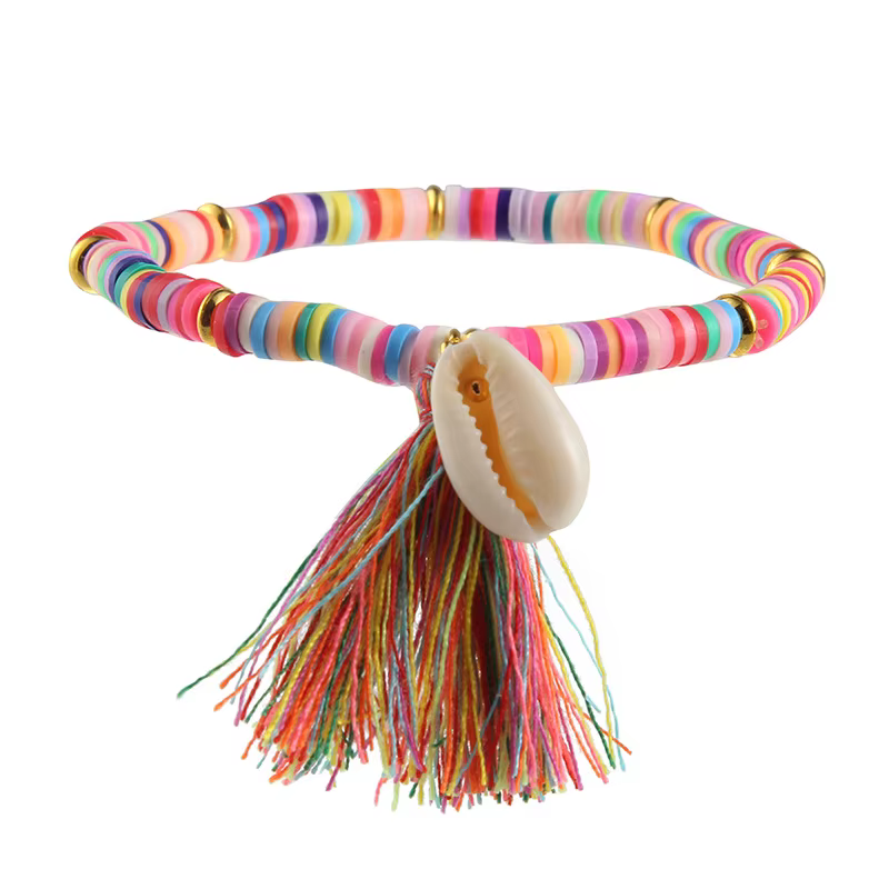 Bracelet artisanal bohème multicolore en coquillages Heishi et pampilles, 7 couleurs, extensible, pour l'été, la plage, style bohème, pour femme