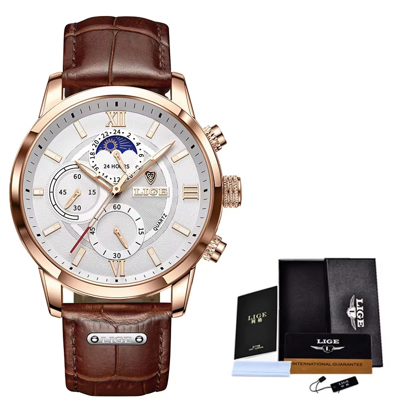 2025 LIGE montres hommes Top marque horloge de luxe décontracté en cuir 24 heures Phase de lune