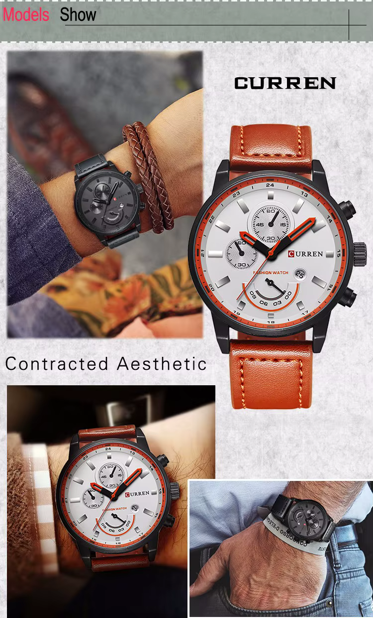 CURREN – montre-bracelet à Quartz en cuir véritable pour homme