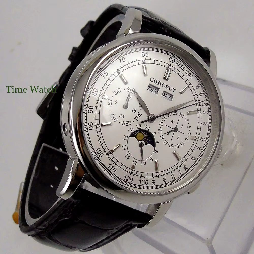 42mm Corgeut montre automatique pour hommes montres mécaniques jour Date mois année calendrier multi-fonction 316L jour-nuit bracelet en cuir