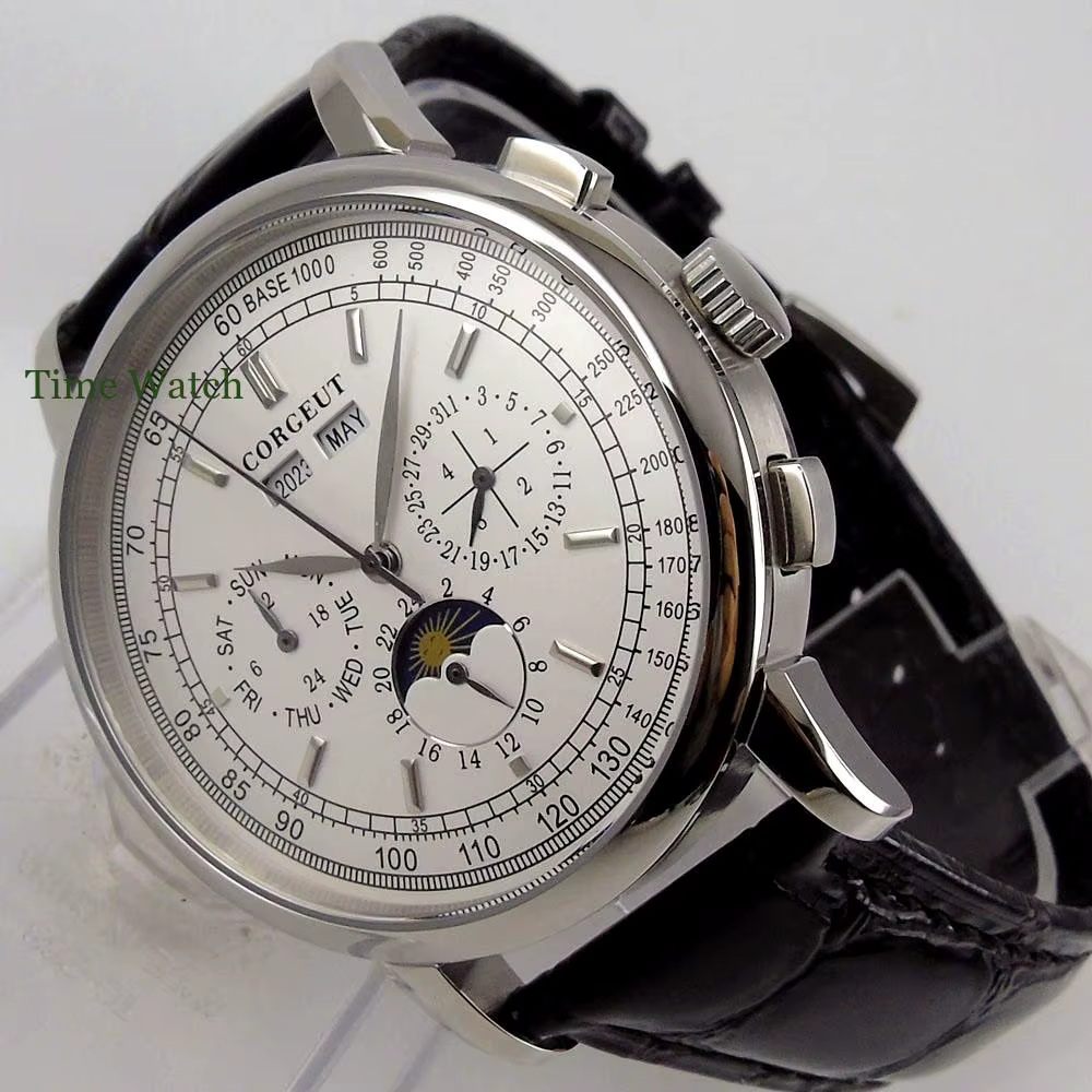 42mm Corgeut montre automatique pour hommes montres mécaniques jour Date mois année calendrier multi-fonction 316L jour-nuit bracelet en cuir