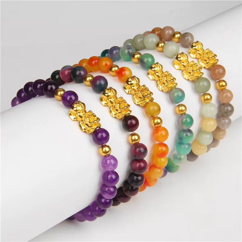 Bracelet de perles d'agates à rayures vertes, Bracelets Feng Shui Pixiu pour femmes et hommes, multicolore, calcédoine, richesse, bonne chance