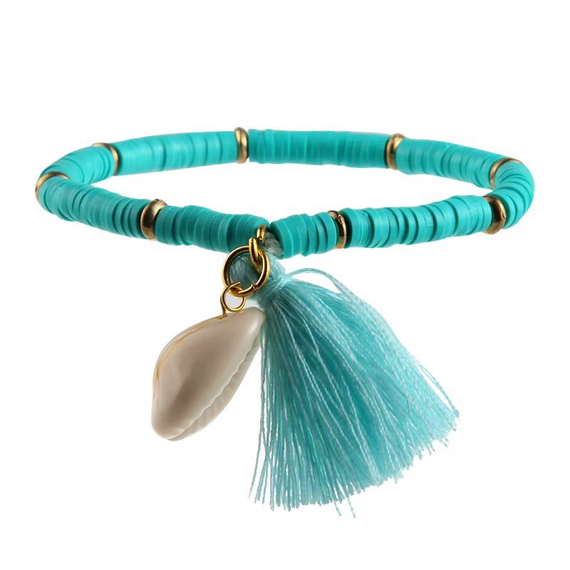 Bracelet artisanal bohème multicolore en coquillages Heishi et pampilles, 7 couleurs, extensible, pour l'été, la plage, style bohème, pour femme