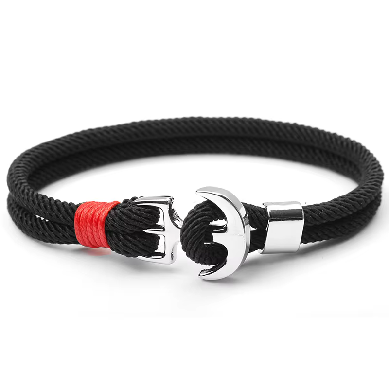 Bracelet en corde tressée pour hommes, ancre nautique, bicouche, couleur argent, crochet de qualité A, cordon Minlan, Bracelet d'enveloppe, bijoux de plage, de surf