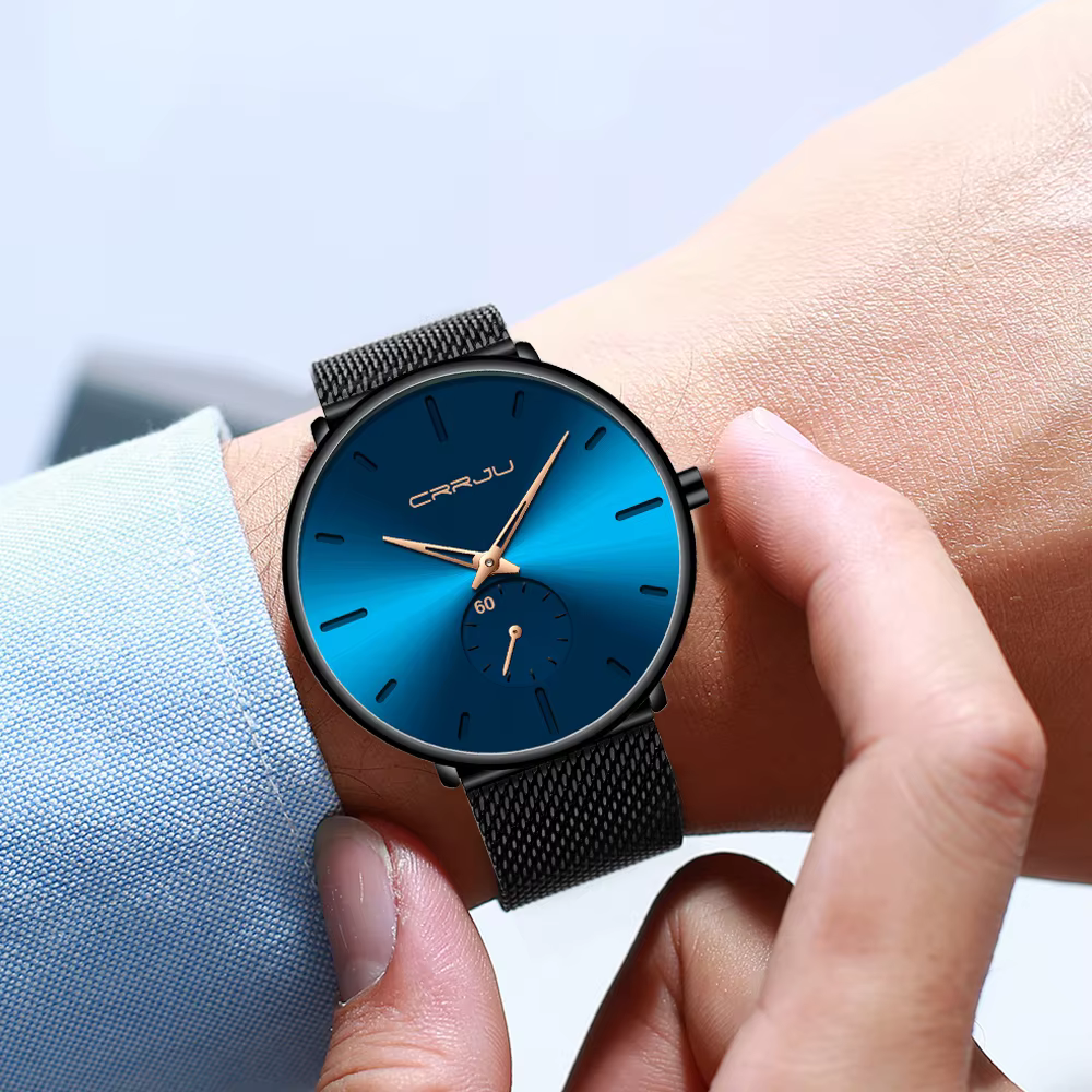CRRJU mode bleu hommes montre haut de gamme marque minimaliste Ultra-mince