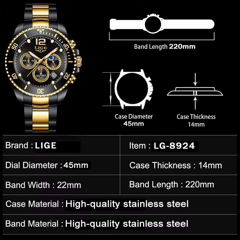 Montre à quartz étanche en acier inoxydable pour homme