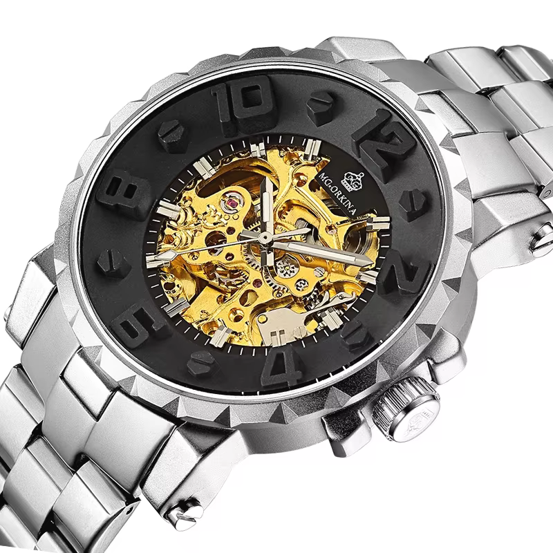 ORKINA montres pour hommes de luxe haut de gamme en acier inoxydable noir 3ATM étanche automatique auto-vent squelette