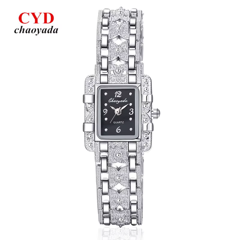 Femmes montre Rectangle cadran argent acier inoxydable cristal montres mode Quartz