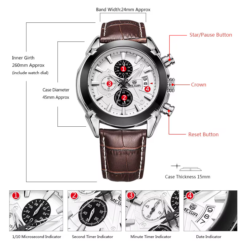 Megir – montre en cuir pour hommes