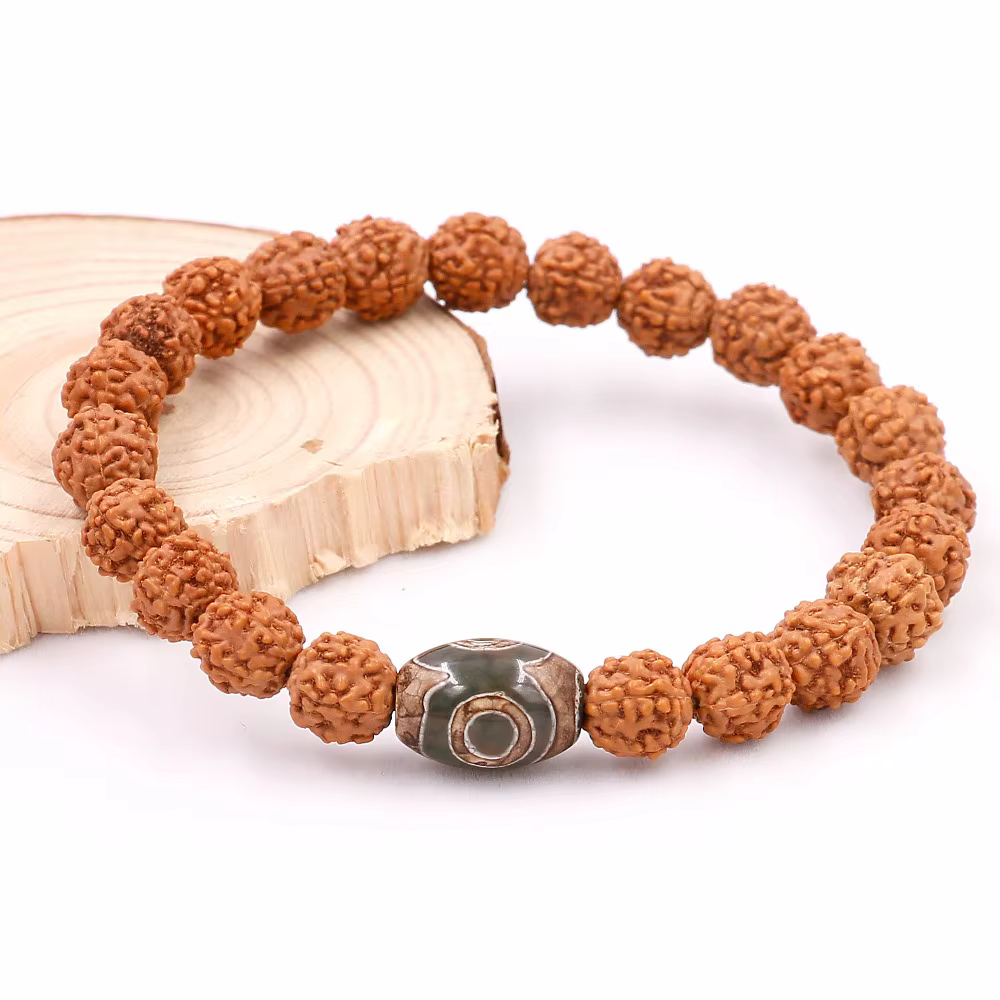 Graine de Rudraksha naturelle avec bouddhisme tibétain, perles d'oeil Dzi, Bracelet pour hommes et femmes, vente en gros, nouveaux bijoux porte-bonheur de guérison Mala