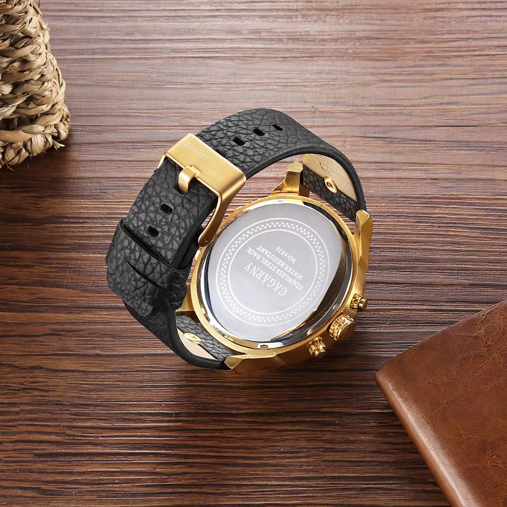 Cagarny montre à Quartz de luxe hommes bracelet en cuir noir boîtier doré double fois militaire dz Relogio Masculino