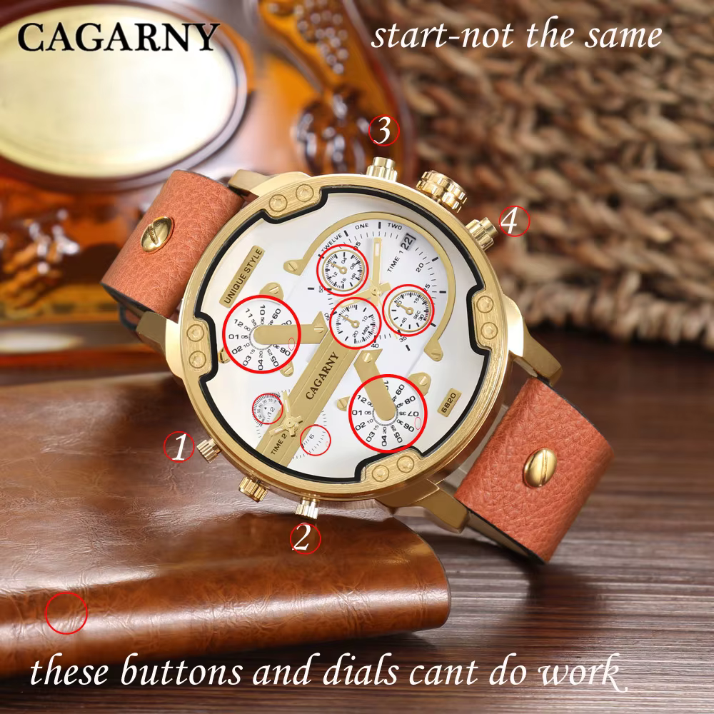 Cagarny montre à Quartz de luxe hommes bracelet en cuir noir boîtier doré double fois militaire dz Relogio Masculino