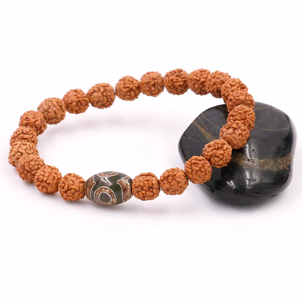 Graine de Rudraksha naturelle avec bouddhisme tibétain, perles d'oeil Dzi, Bracelet pour hommes et femmes, vente en gros, nouveaux bijoux porte-bonheur de guérison Mala