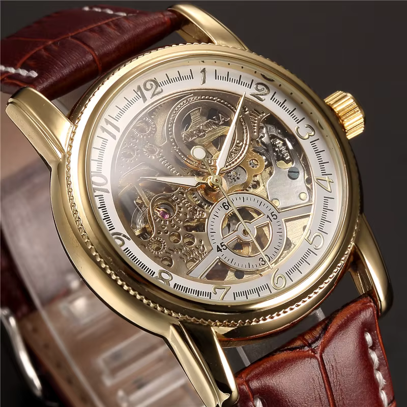 Hommes montres de luxe doré squelette mécanique Steampunk mâle horloge automatique montre-bracelet bracelet en cuir Herren Horloges