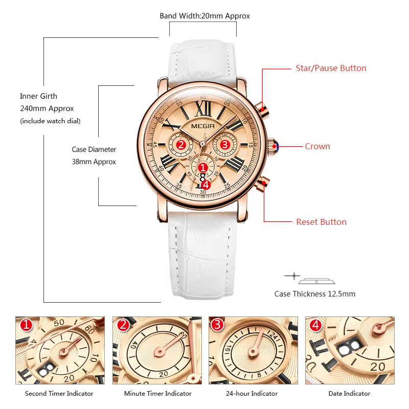 Megir montre chronographe à Quartz pour femme avec 24 heures et affichage du calendrier bracelet en cuir blanc chronomètres pour dames 2058L