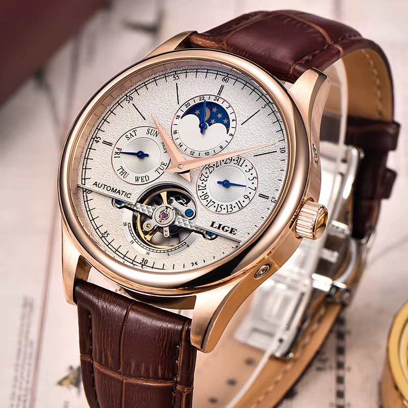 LIGE marque classique hommes rétro montres automatique mécanique montre Tourbillon horloge en cuir véritable étanche militaire montre-bracelet