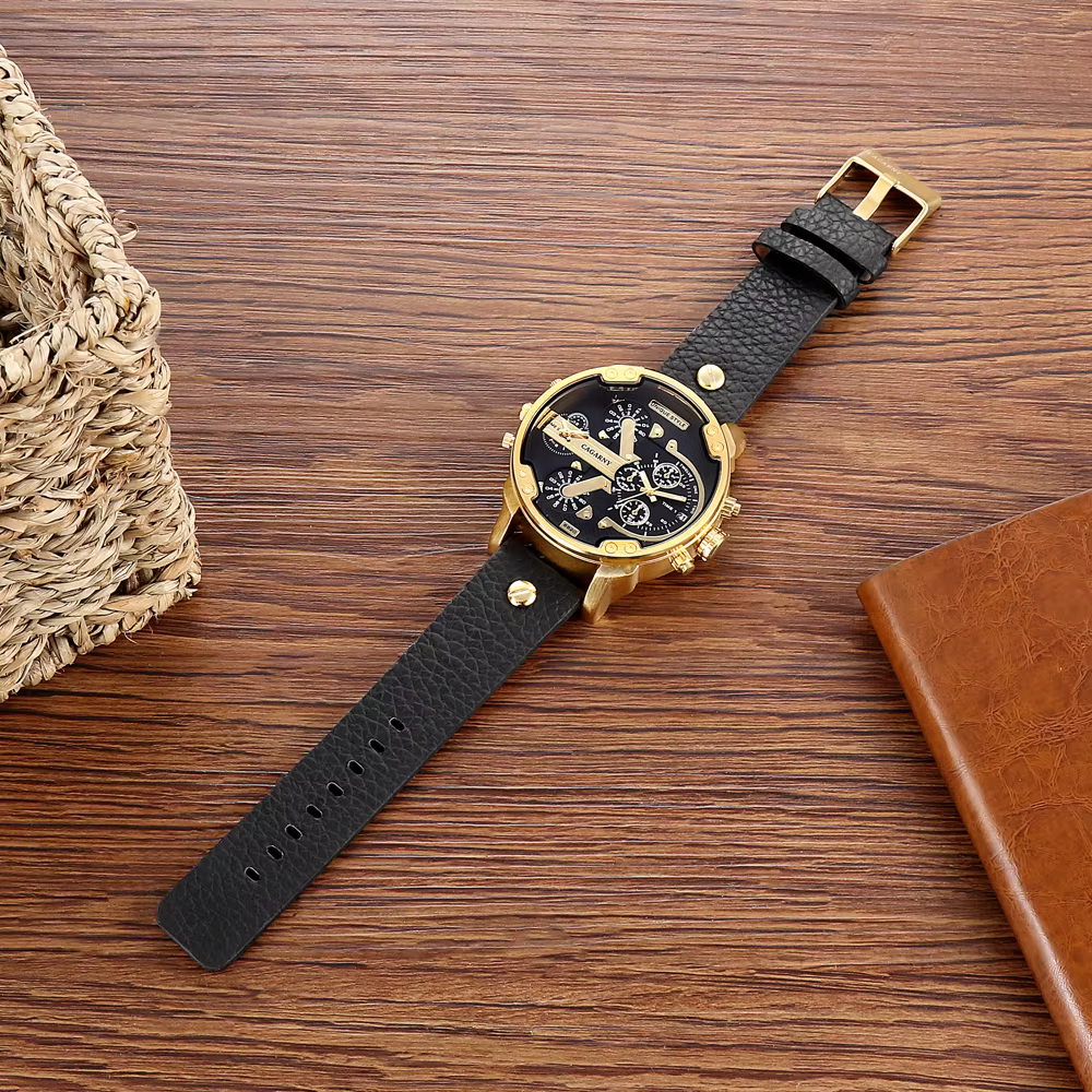 Cagarny montre à Quartz de luxe hommes bracelet en cuir noir boîtier doré double fois militaire dz Relogio Masculino