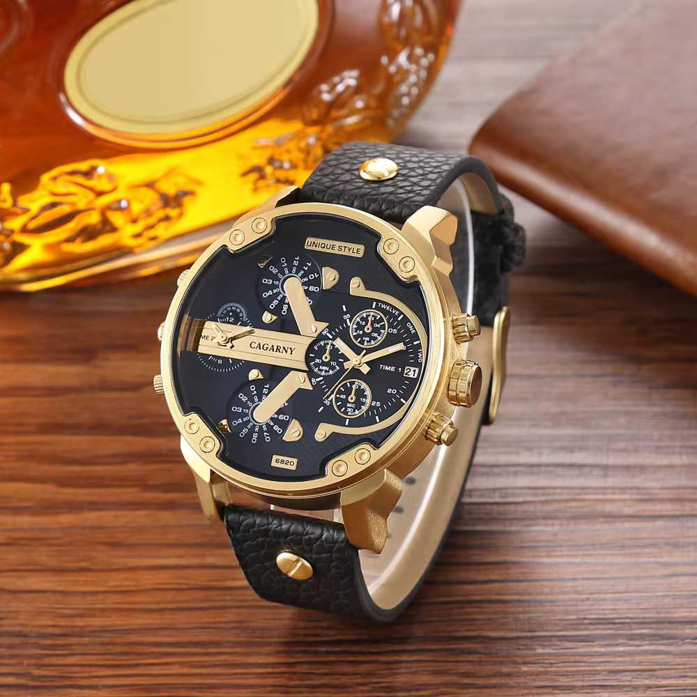 Cagarny montre à Quartz de luxe hommes bracelet en cuir noir boîtier doré double fois militaire dz Relogio Masculino