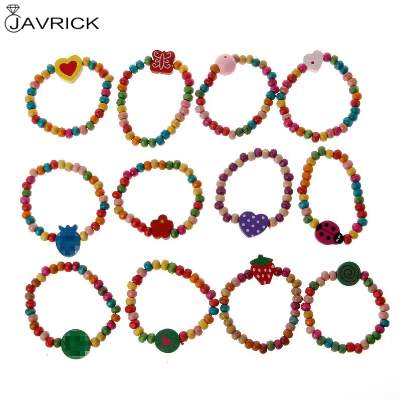 12 pièces/ensemble Bracelets en bois colorés petites filles Bracelets Kit enfants bijoux de mode pour les amis de la famille bijoux cadeaux