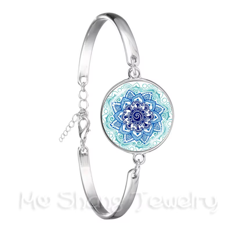 Bracelet Mandala en verre, Cabochon, géométrie sacrée, Yoga Om, chaîne plaquée argent pour femmes, 2018