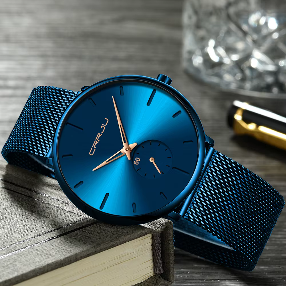 CRRJU mode bleu hommes montre haut de gamme marque minimaliste Ultra-mince