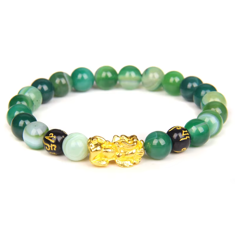 Bracelet de perles d'agates à rayures vertes, Bracelets Feng Shui Pixiu pour femmes et hommes, multicolore, calcédoine, richesse, bonne chance