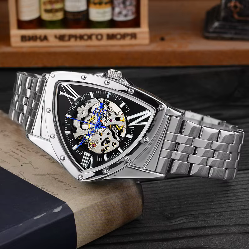Hommes montre creux triangulaire mécanique montres en acier inoxydable hommes montres marque de mode hommes horloge mâle livraison directe!! !