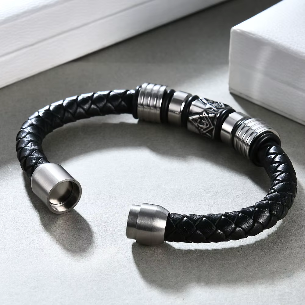 Bracelet en cuir véritable avec boucle magnétique pour homme