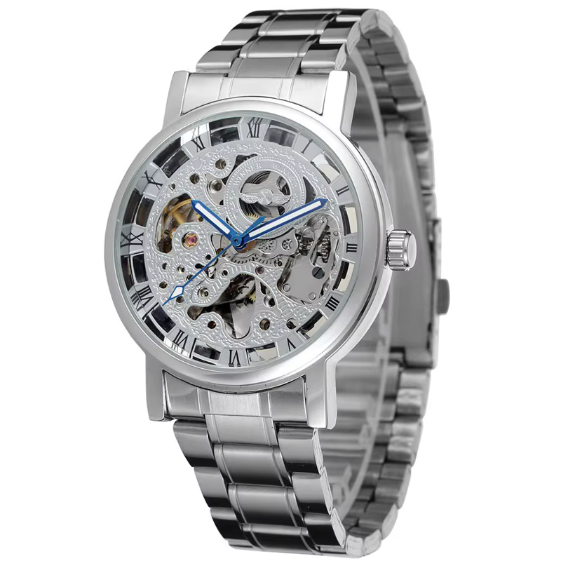 Gagnant noir hommes montre Cool mécanique automatique montre-bracelet en acier inoxydable bande mâle horloge squelette cadran romain luxe relogio