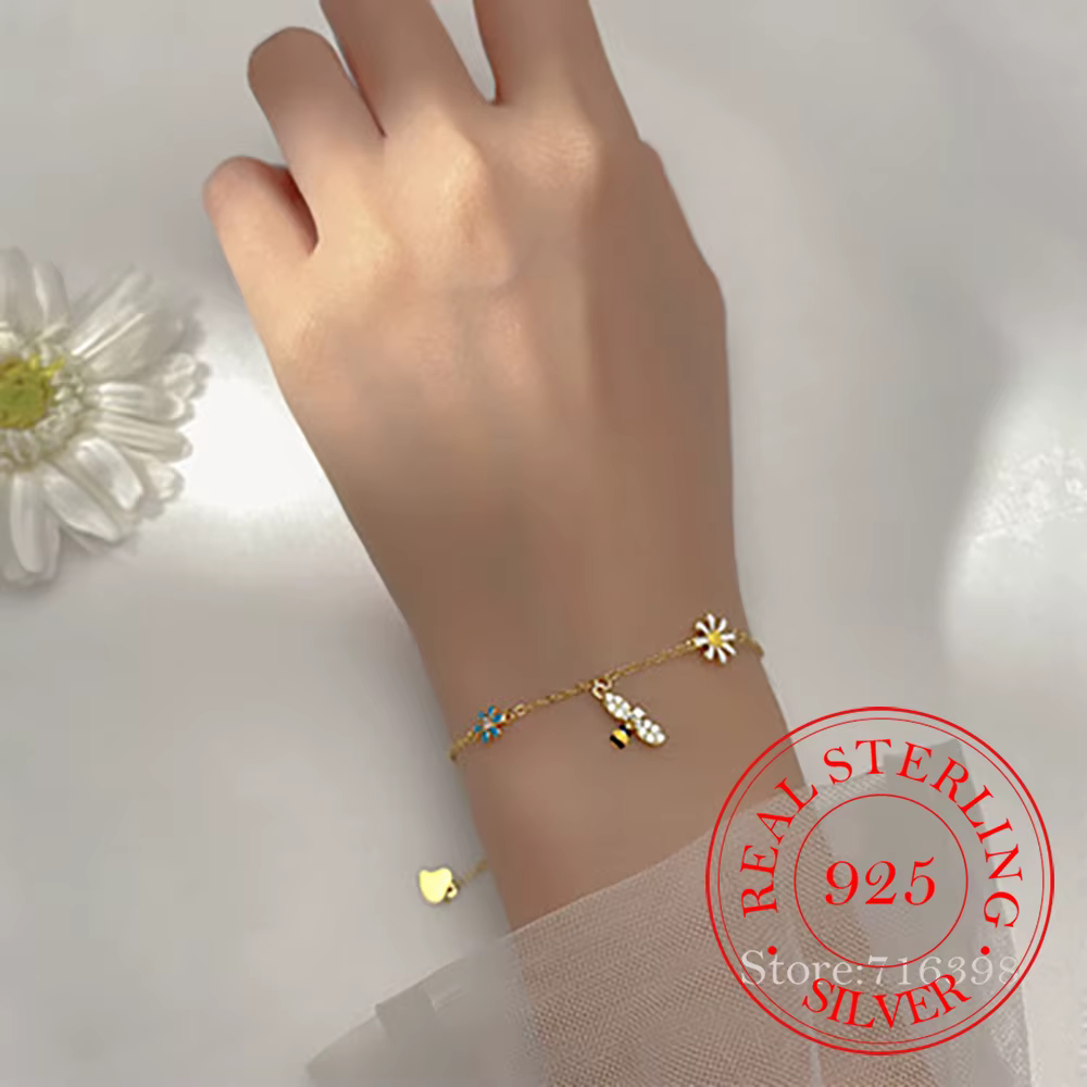 Bracelet à breloques marguerite abeille en argent Sterling 925 pour femmes et filles, Bijoux tendance de fête de mariage, accessoires de Bijoux de luxe