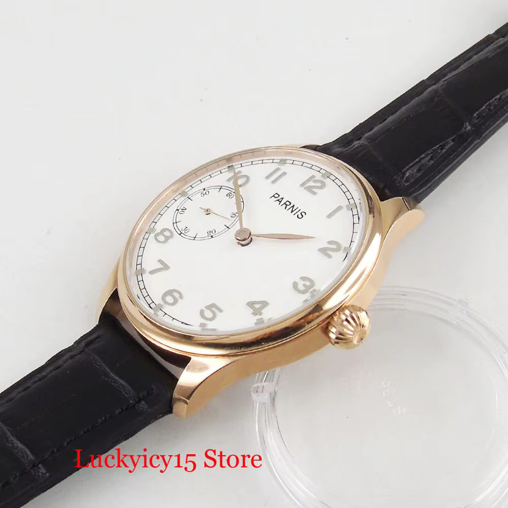 Montre-bracelet ronde à remontage manuel en or rose pour homme, cadran blanc, mouvement à main 6497, 44mm