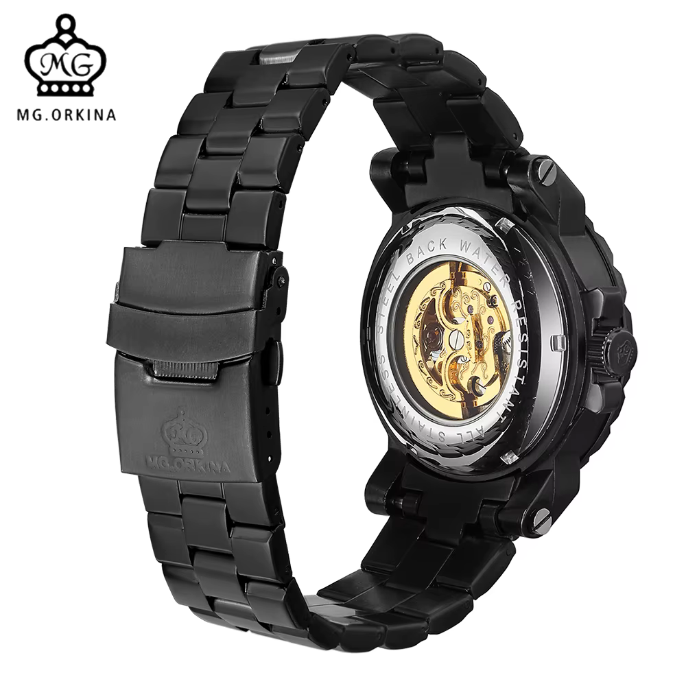 ORKINA montres pour hommes de luxe haut de gamme en acier inoxydable noir 3ATM étanche automatique auto-vent squelette