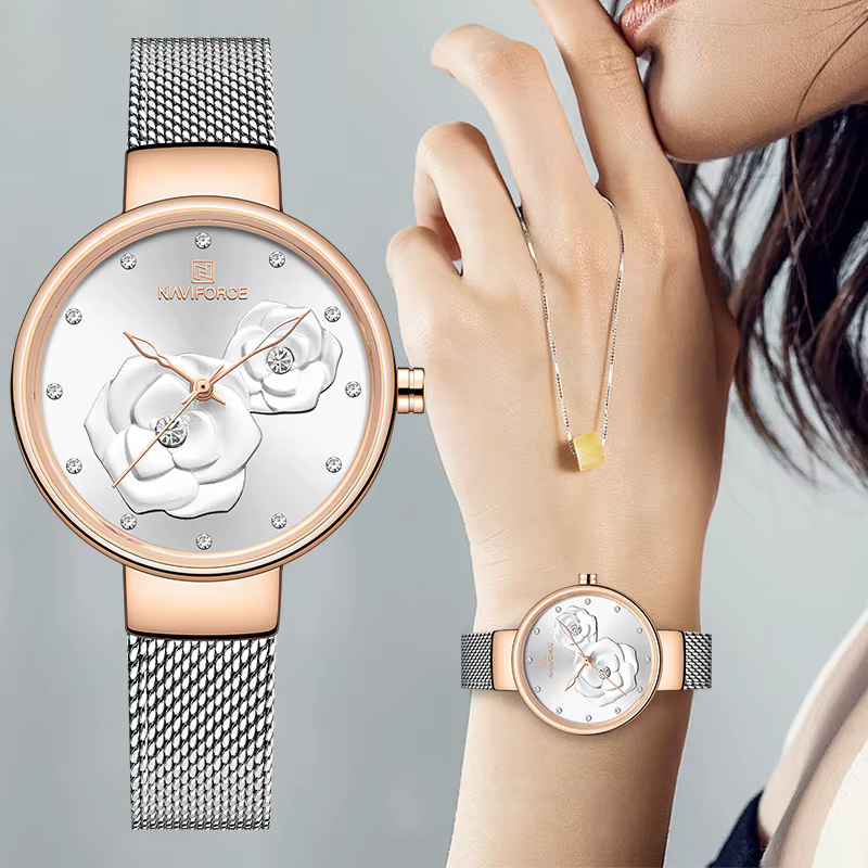 Femmes montre NAVIFORCE haut de gamme marque en acier maille étanche dames montres fleur Quartz femme montre-bracelet charmante fille horloge