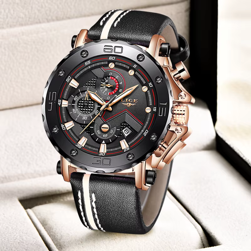 2025 mode Sport hommes montres LIGE Top marque de luxe grand cadran militaire Quartz horloge en cuir étanche