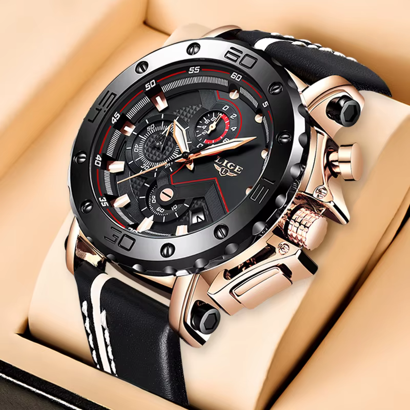 2025 mode Sport hommes montres LIGE Top marque de luxe grand cadran militaire Quartz horloge en cuir étanche